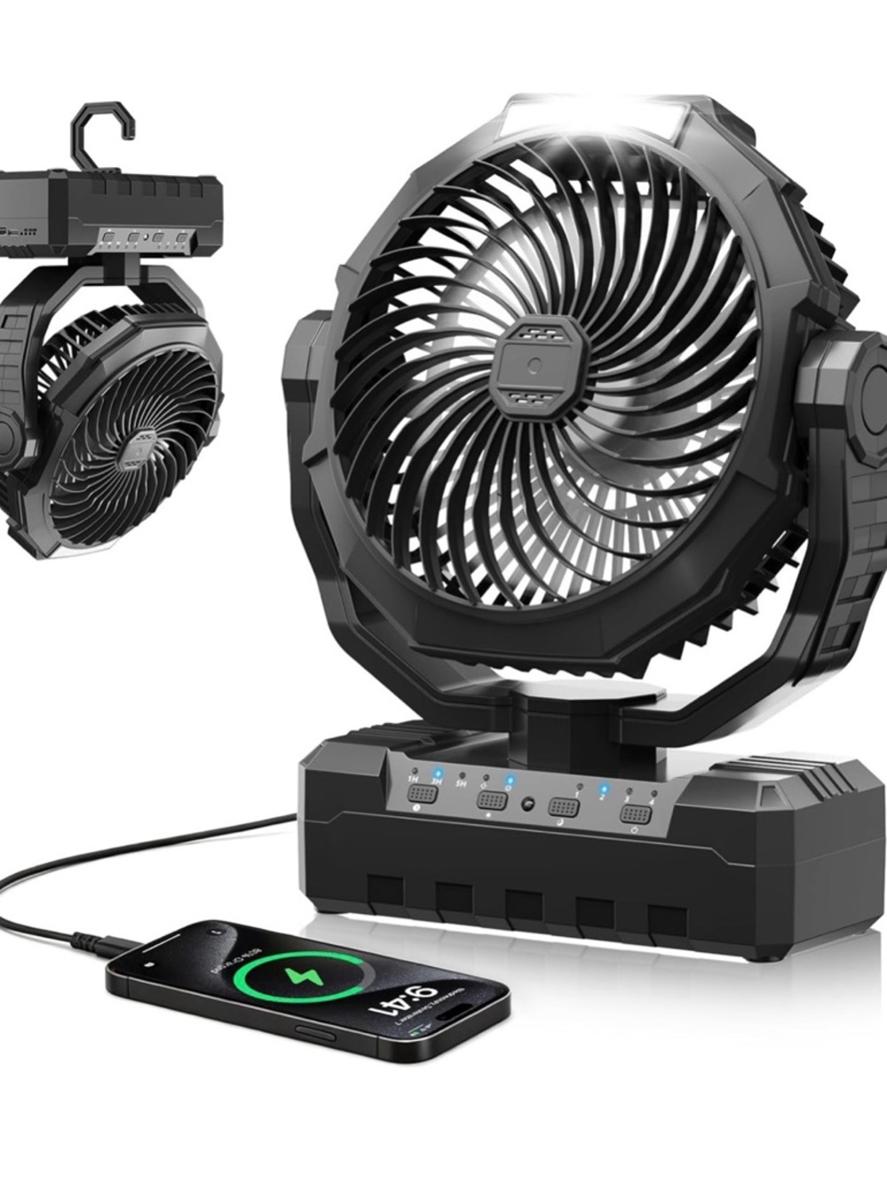 Rechargeable Camping Fan 20000mAh Battery 4 Speeds 2 LED Lights Black